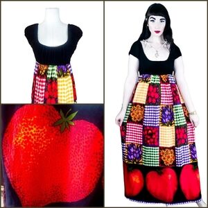 Vintage 1960s Young Edwardian Arpeja Strawberry Picnic Empire Waist Maxi Dress